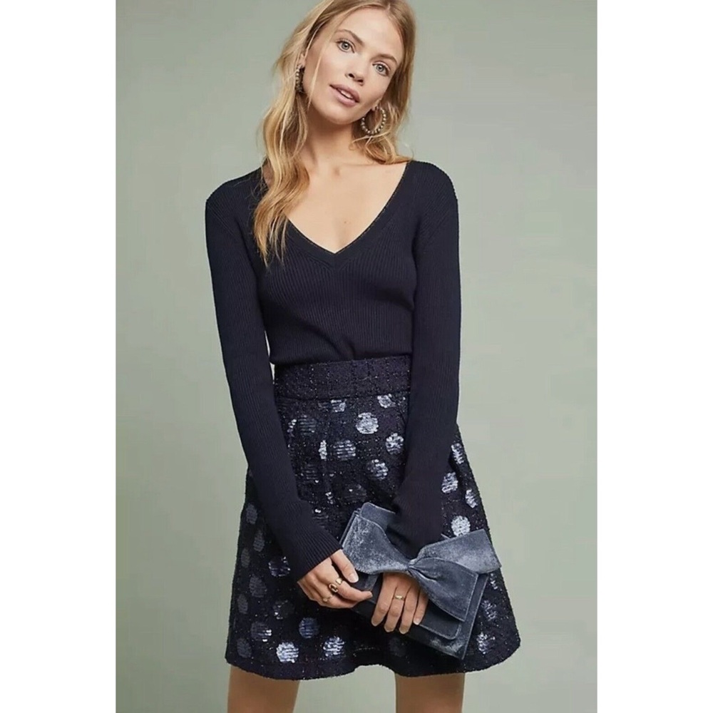 Anthropologie Eva Franco Navy Blue Sequined Polka Dot Mini Skirt NWT Size 14 (L)